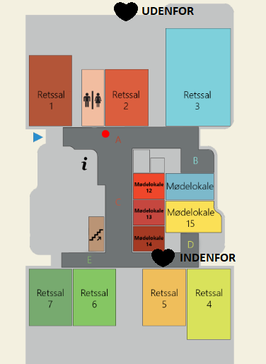 Plantegning af retsbygningen hvor hjertestarteren befinder sig