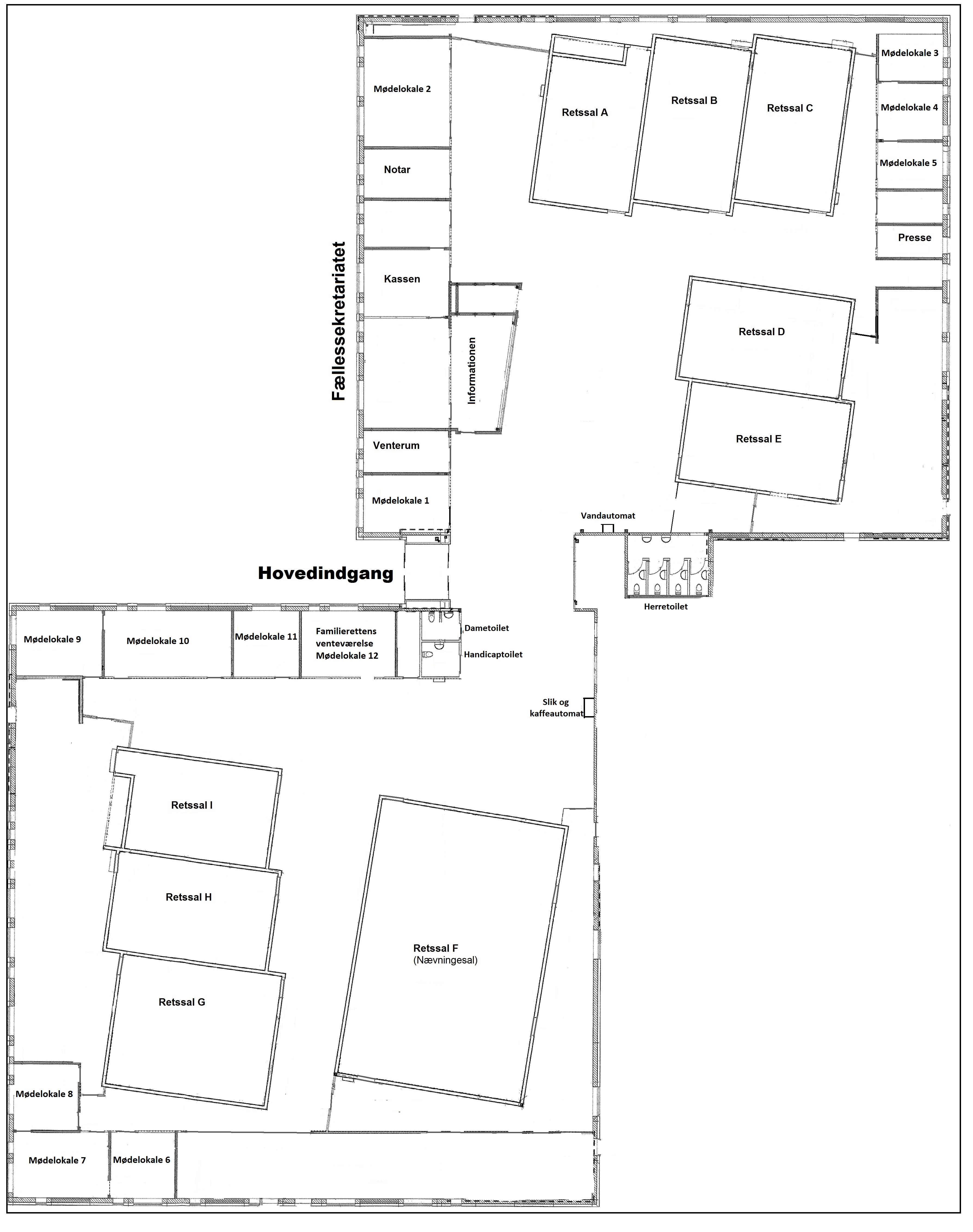 Oversigtskort over retssale og lokaler i domhuset