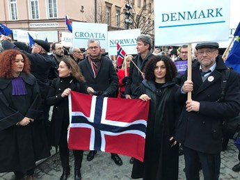 Dommere fra mange lande demonstrerer på gaden. Dommer holder skilt med "Denmark"